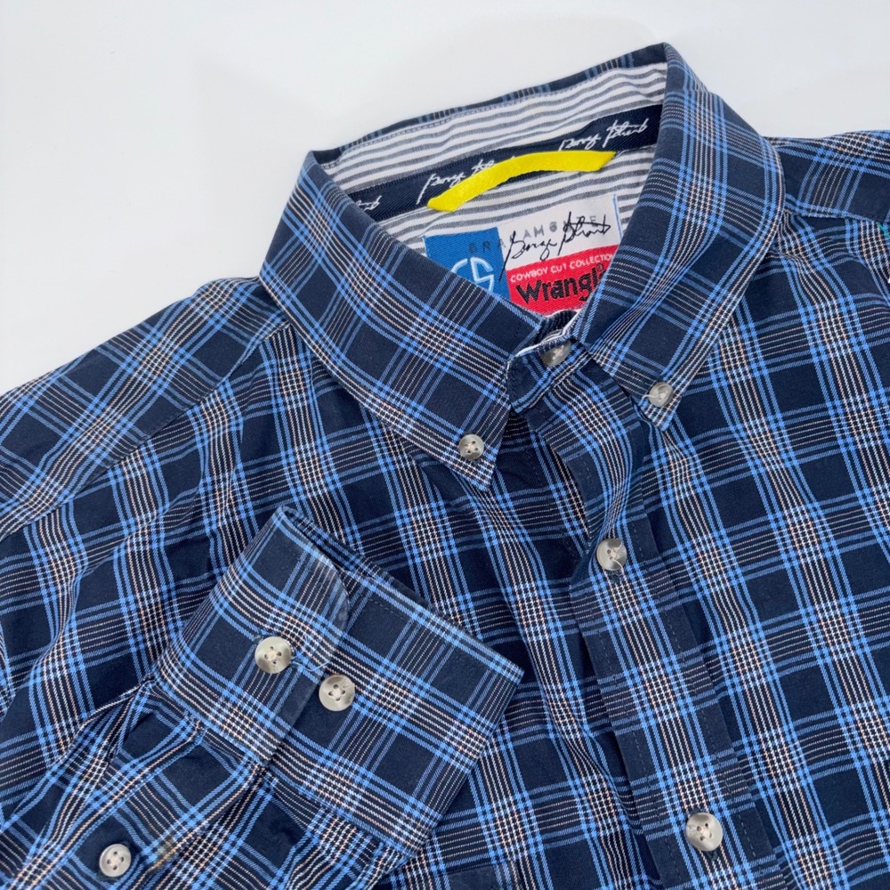 Wrangler George Strait Cowboy Cut Blue Plaid Button Down Shirt Mens XL